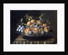 Peaches and plums in a pewter plate by Pierre Dupuis