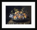 Peaches and plums in a pewter plate by Pierre Dupuis