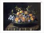 Peaches and plums in a pewter plate by Pierre Dupuis