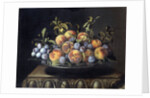 Peaches and plums in a pewter plate by Pierre Dupuis