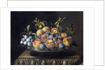 Peaches and plums in a pewter plate by Pierre Dupuis