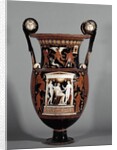 Krater decorated with a bearded man sitting among two standing y by Anonymous