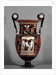 Krater decorated with a bearded man sitting among two standing y by Anonymous