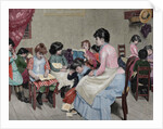 Girls' school. Engraving, 19th century. "La Ilustracion Espanola y Americana". Colored. by Anonymous