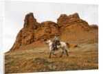 Cowgirl at Full Gallop with red rock hills by Anonymous