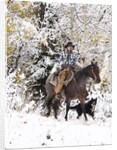 Cowboys riding in Autumn Aspens with a fresh snowfall by Corbis