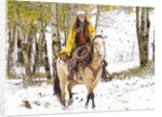 Cowgirl riding in Autumn Aspens with a fresh snowfall by Anonymous
