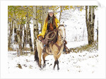 Cowgirl riding in Autumn Aspens with a fresh snowfall by Anonymous