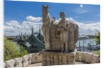 Gellert Hill), the statue of Saint Stephen near the entrance of Sziklatemplom (Church by the Rock), on the left the Szabadsag hid (Liberty Bridge or Freedom Bridge) by Anonymous