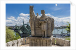Gellert Hill), the statue of Saint Stephen near the entrance of Sziklatemplom (Church by the Rock), on the left the Szabadsag hid (Liberty Bridge or Freedom Bridge) by Anonymous