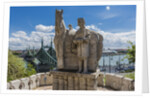 Gellert Hill), the statue of Saint Stephen near the entrance of Sziklatemplom (Church by the Rock), on the left the Szabadsag hid (Liberty Bridge or Freedom Bridge) by Anonymous