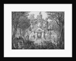 19c Print of the Elephant Gateway with Khmer Buddhists at Temple of Angkor Thom by Anonymous