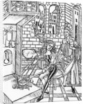 Woodcut Print of a Medieval Apothecary Cooking on a Stove by Anonymous