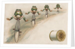J & P Coats Trade Card of Frog Cyclists by Anonymous