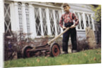 Boy Unhappily Mowing Lawn by Anonymous