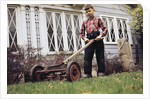Boy Unhappily Mowing Lawn by Anonymous