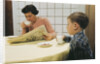 Boy Eating Cookies and Milk as Mom Reads by Anonymous