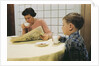 Boy Eating Cookies and Milk as Mom Reads by Anonymous