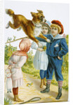 Illustration Depicting Children with a Leaping Dog by Anonymous