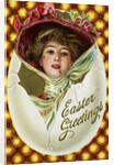 Easter Greetings Postcard of a Woman with a Pink Hat by Anonymous