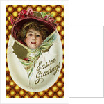 Easter Greetings Postcard of a Woman with a Pink Hat by Anonymous