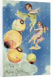 A Merry Christmas Postcard with Angels and Paper Lanterns by Anonymous