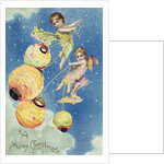 A Merry Christmas Postcard with Angels and Paper Lanterns by Anonymous