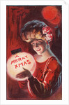 A Merry X Mas Postcard with a Woman Holding a Snowglobe by Anonymous
