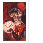 A Merry X Mas Postcard with a Woman Holding a Snowglobe by Anonymous