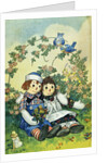 Illustration of Raggedy Ann and Raggedy Andy with Two Robins by Johnny Gruelle