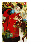 A Happy Christmas Postcard with Saint Nicholas and a Reindeer by Anonymous
