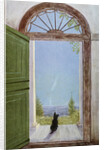 Illustration of a Dog Sitting on the Front Porch by Marguerite Kirmse
