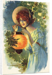 Postcard of a Woman with a Paper Lantern by Anonymous