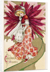 Christmas Wishes Postcard of a Woman and a Poinsettia by Anonymous