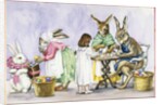 Illustration of a Girl Decorating Eggs with Giant Rabbit Family by Alexandra Day