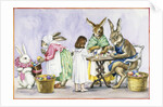 Illustration of a Girl Decorating Eggs with Giant Rabbit Family by Alexandra Day