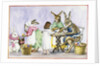 Illustration of a Girl Decorating Eggs with Giant Rabbit Family by Alexandra Day