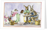 Illustration of a Girl Decorating Eggs with Giant Rabbit Family by Alexandra Day