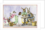 Illustration of a Girl Decorating Eggs with Giant Rabbit Family by Alexandra Day