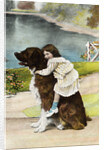 Color Print Postcard Showing Girl Hugging a Bernese Mountain Dog by Anonymous