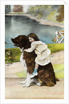 Color Print Postcard Showing Girl Hugging a Bernese Mountain Dog by Anonymous