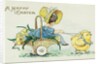 A Happy Easter Postcard with Two Chicks Pulling a Girl in a Basket by Anonymous