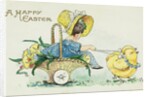 A Happy Easter Postcard with Two Chicks Pulling a Girl in a Basket by Anonymous
