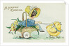 A Happy Easter Postcard with Two Chicks Pulling a Girl in a Basket by Anonymous