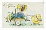 A Happy Easter Postcard with Two Chicks Pulling a Girl in a Basket by Anonymous
