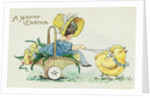 A Happy Easter Postcard with Two Chicks Pulling a Girl in a Basket by Anonymous