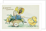 A Happy Easter Postcard with Two Chicks Pulling a Girl in a Basket by Anonymous