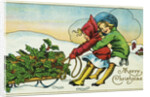 Merry Christmas Postcard with Two Girls Pulling a Sled by Anonymous