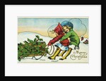 Merry Christmas Postcard with Two Girls Pulling a Sled by Anonymous