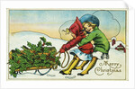 Merry Christmas Postcard with Two Girls Pulling a Sled by Anonymous